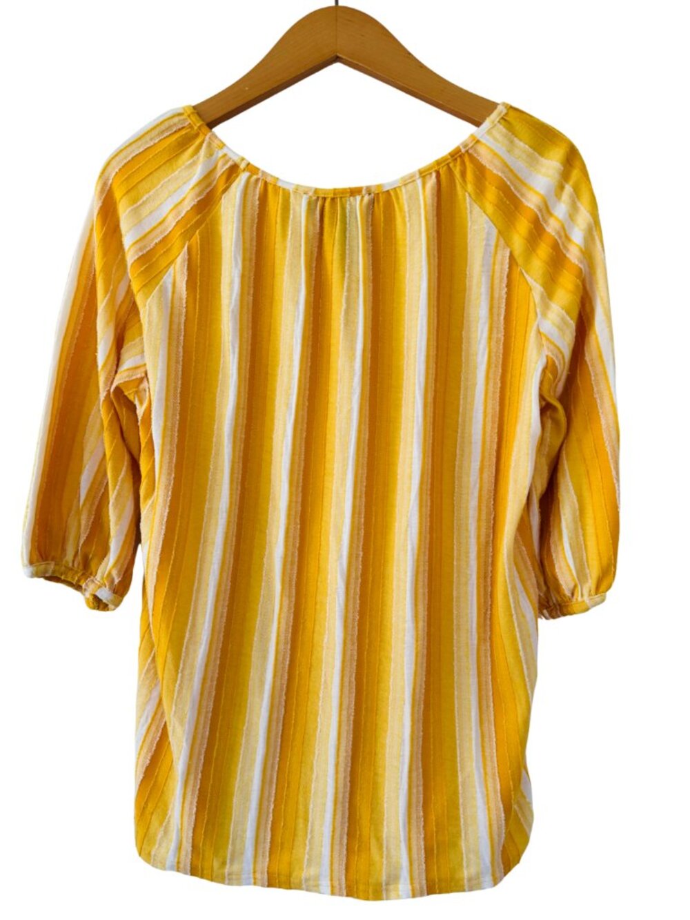 Rain Yellow White Stripe Tie Front Blouse Puff Sleeve Lightweight Top Size Large - Picture 4 of 8